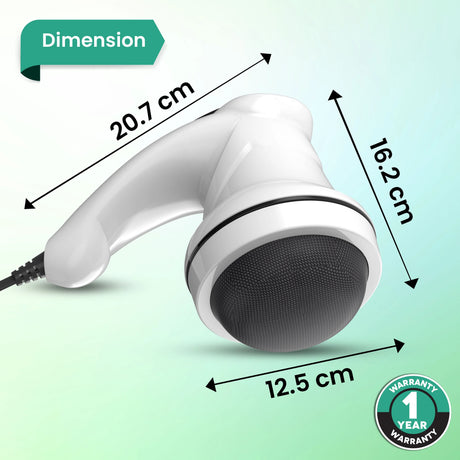 Handheld massager with dimensions labeled on a light green background