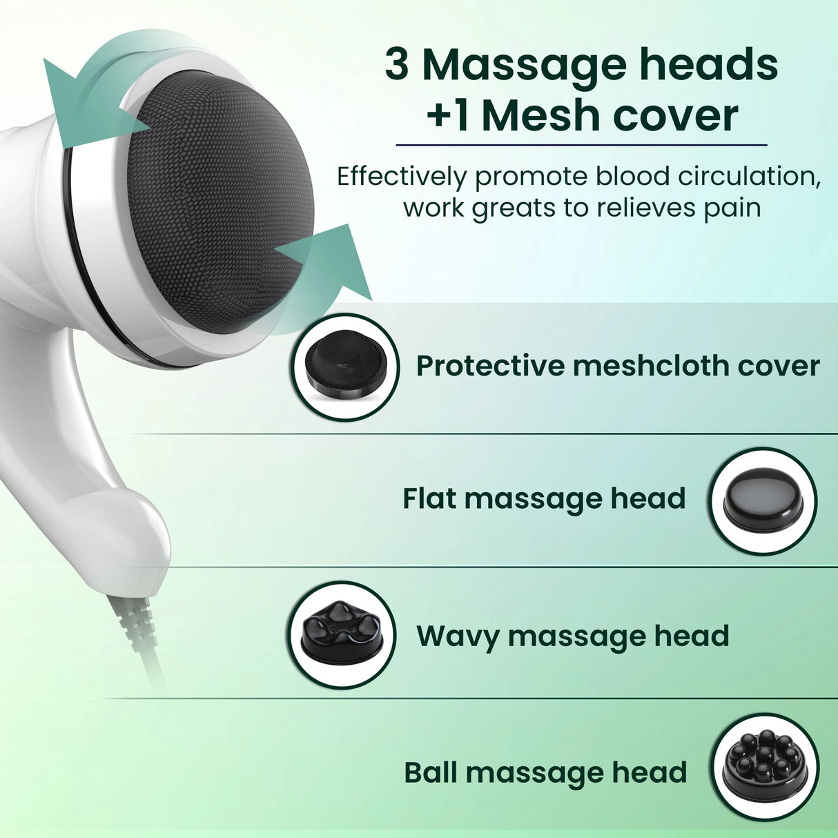 Massage device with different massage heads and mesh cover on a green background