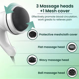 Massage device with different massage heads and mesh cover on a green background