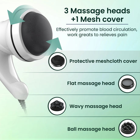 Massage device with different massage heads and mesh cover on a green background