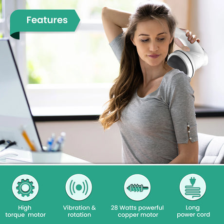 Woman using a handheld device in an office setting with product features displayed below.