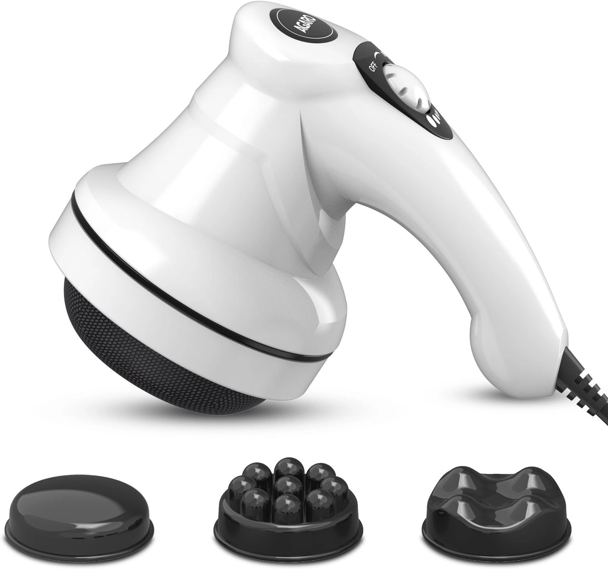 White handheld massage device with attachments on a white background