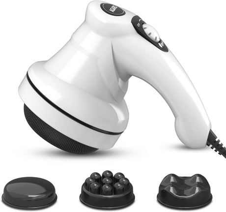 White handheld massage device with attachments on a white background