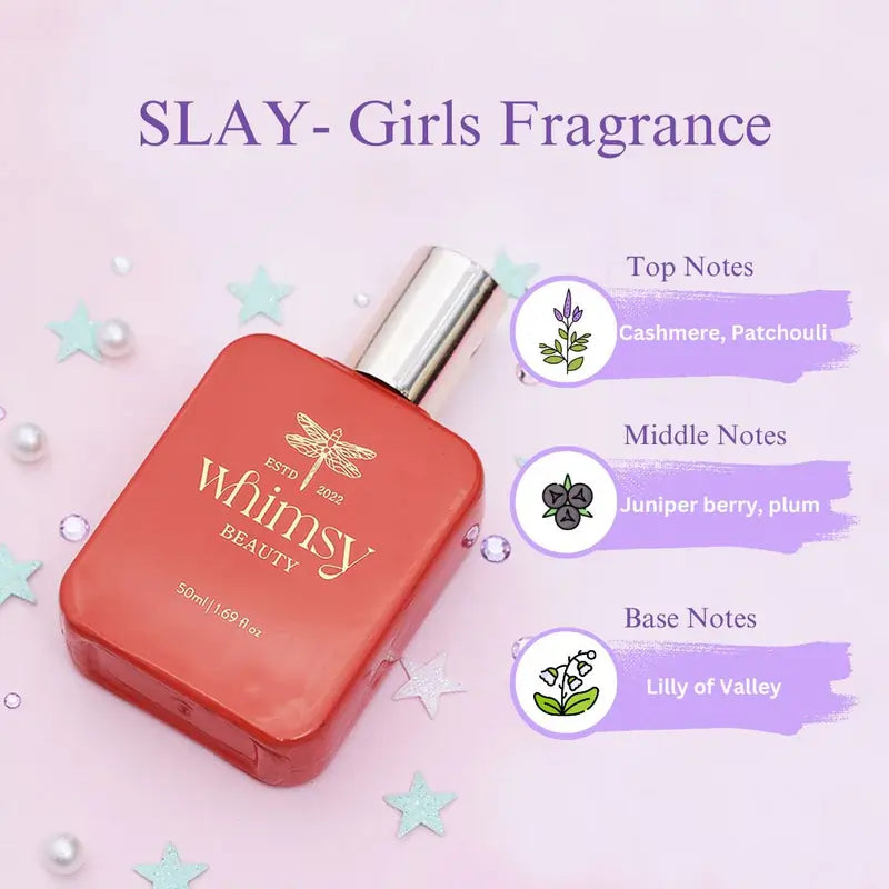 Red perfume bottle with 'Whimsy Beauty' branding on a pink background with star decorations.