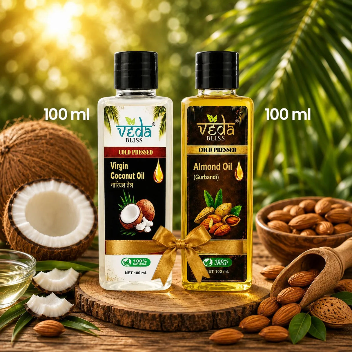 Two 100 ml bottles of Veda Bliss cold pressed oils, one Virgin Coconut Oil and one Almond Oil (Gurkandi)