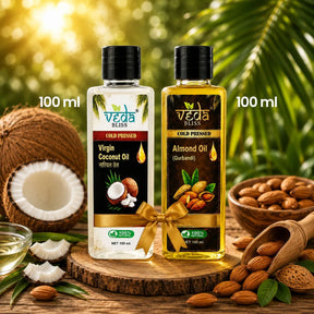 Two 100 ml bottles of Veda Bliss cold pressed oils, one Virgin Coconut Oil and one Almond Oil (Gurkandi)