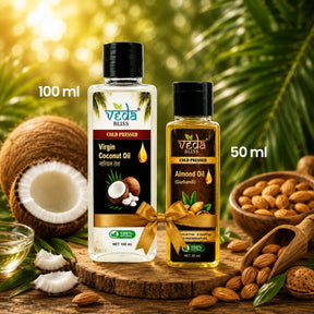 Two bottles of Veda Bliss cold-pressed oils, a 100 ml bottle of Virgin Coconut Oil and a 50 ml bottle of Almond Oil