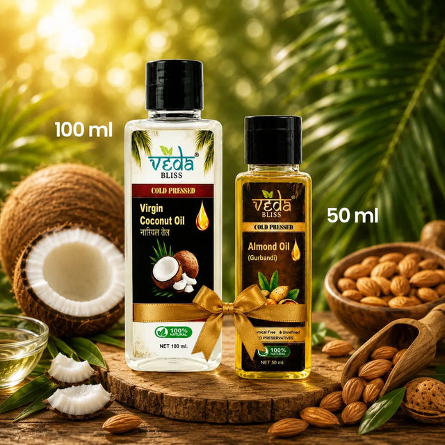Two bottles of Veda Bliss cold-pressed oils, a 100 ml bottle of Virgin Coconut Oil and a 50 ml bottle of Almond Oil