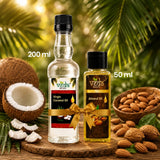 Two bottles of Veda Bliss coconut oil 200ml and almonds 50ml
