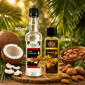 Two bottles of Veda Bliss coconut oil 200ml and almonds 50ml