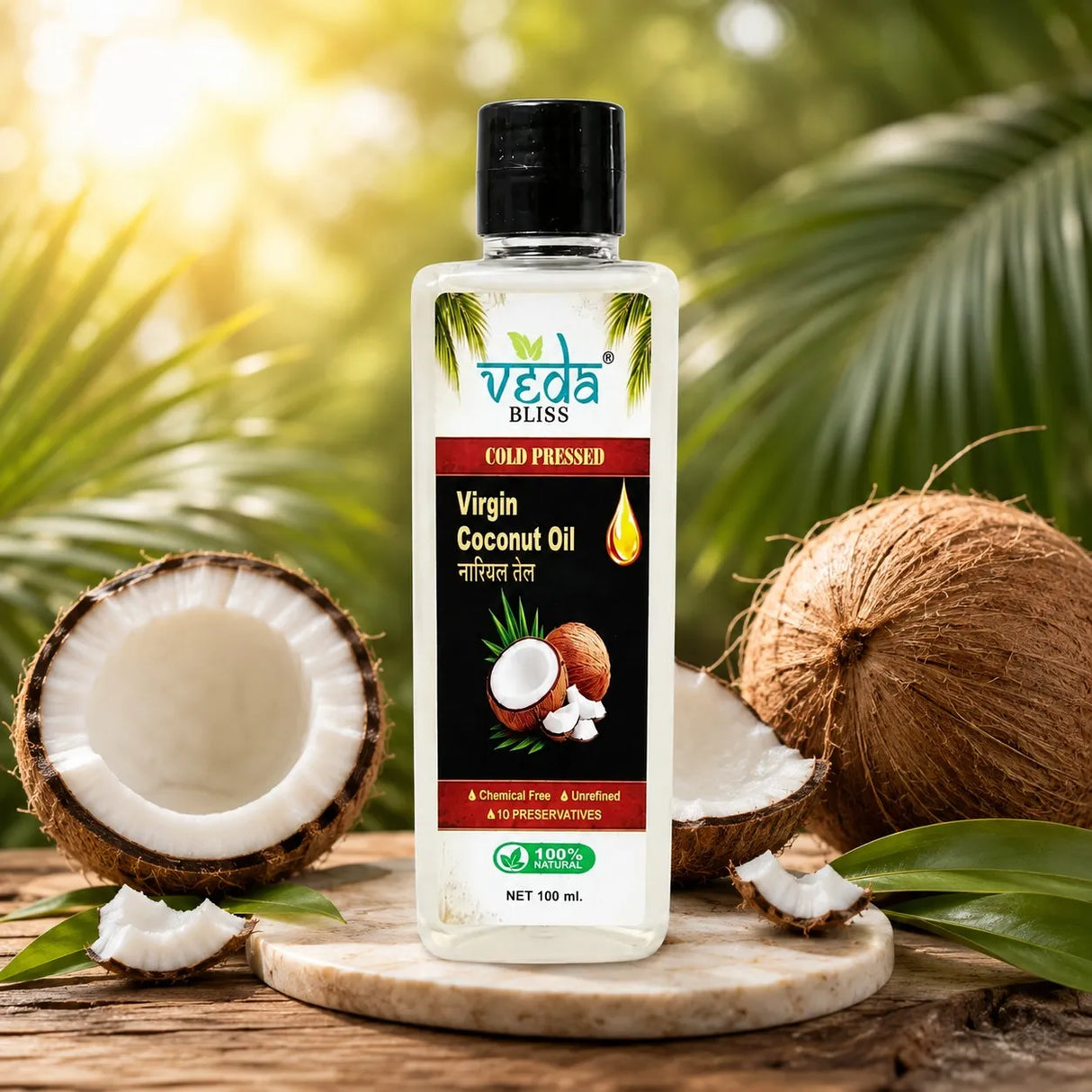 A bottle of Veda Bliss Virgin Coconut Oil 100ml