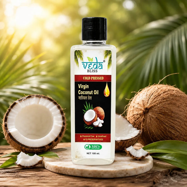A bottle of Veda Bliss Virgin Coconut Oil 100ml