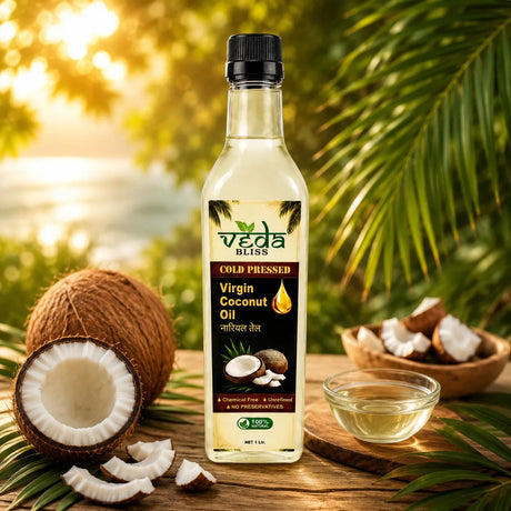 A bottle of Veda Bliss Cold Pressed Virgin Coconut Oil 1 Ltr.
