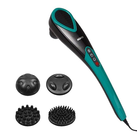 Black and teal handheld massager with attachments on a white background
