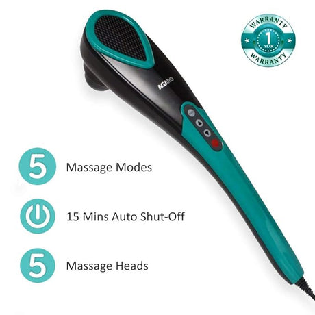 handheld massager with features listed on a white background