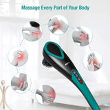 Massage tool with images of body parts showing areas where it can be used, on a white background.