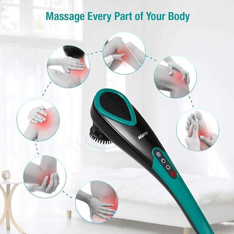 Massage tool with images of body parts showing areas where it can be used, on a white background.