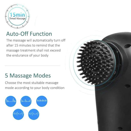 Black massage device with text on auto-off function and massage modes on a white background