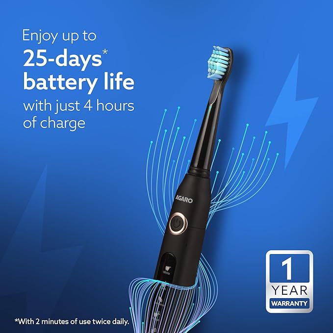 Black electric toothbrush with blue bristle head on a blue background, featuring text about battery life and warranty.