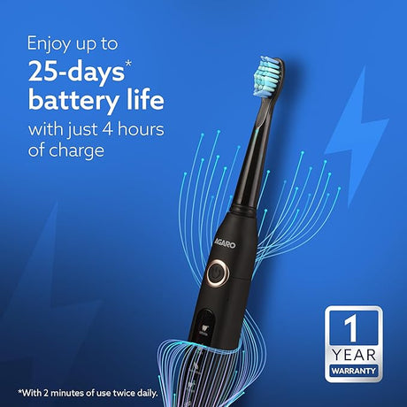 Black electric toothbrush with blue bristle head on a blue background, featuring text about battery life and warranty.