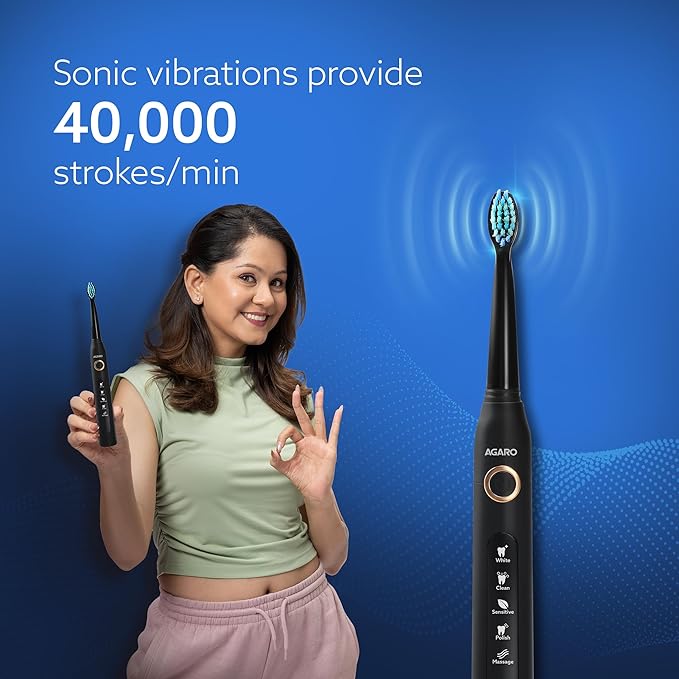 Woman holding an Agaro electric toothbrush with text about sonic vibrations on a blue background
