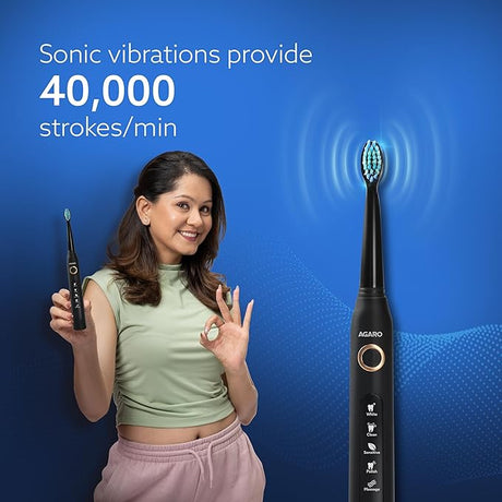 Woman holding an Agaro electric toothbrush with text about sonic vibrations on a blue background