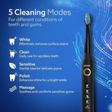 Black electric toothbrush with 5 cleaning modes on a blue background