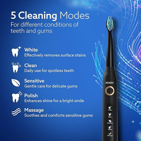 Black electric toothbrush with 5 cleaning modes on a blue background