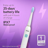 Electric toothbrush with charging time and warranty information on a purple background