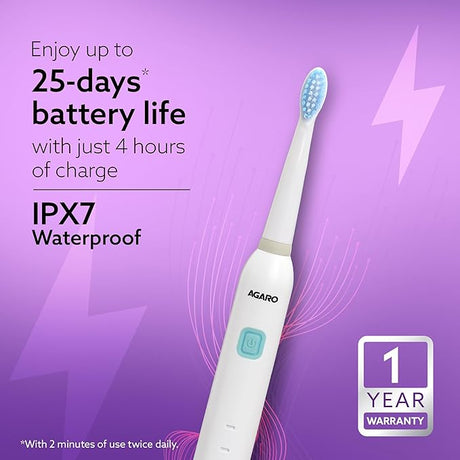Electric toothbrush with charging time and warranty information on a purple background