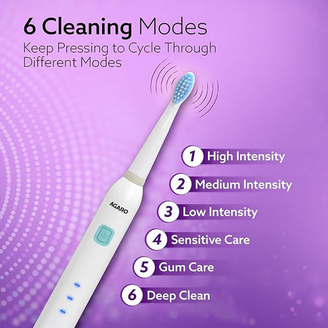 Electric toothbrush with cleaning mode options on a purple background