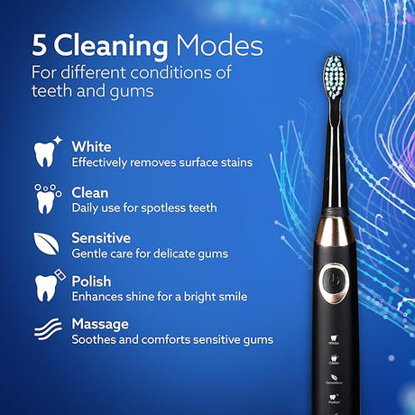 Electric toothbrush with cleaning modes on a blue background