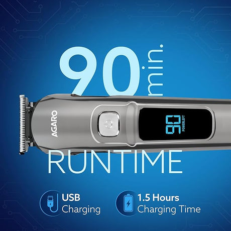 Hair trimmer with digital display on a blue background, highlighting 90-minute runtime and charging details.