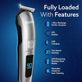 AGARO hair trimmer with feature list on a blue background