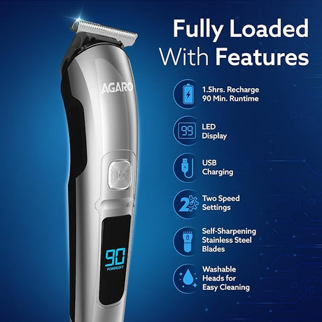 AGARO hair trimmer with feature list on a blue background