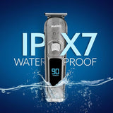 AGARO hair trimmer with water splashes on a blue background, highlighting IPX7 waterproof feature.