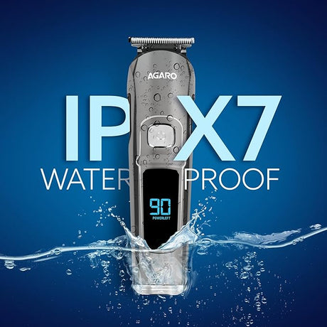 AGARO hair trimmer with water splashes on a blue background, highlighting IPX7 waterproof feature.