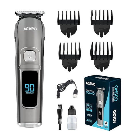 Agaro hair trimmer set with attachments and packaging on a white background