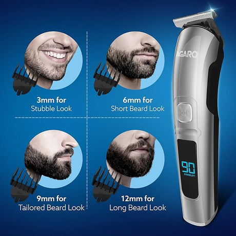 Hair trimmer with adjustable attachments for different beard lengths on a blue background