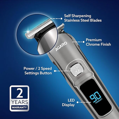 Hair trimmer with features highlighted on a blue background