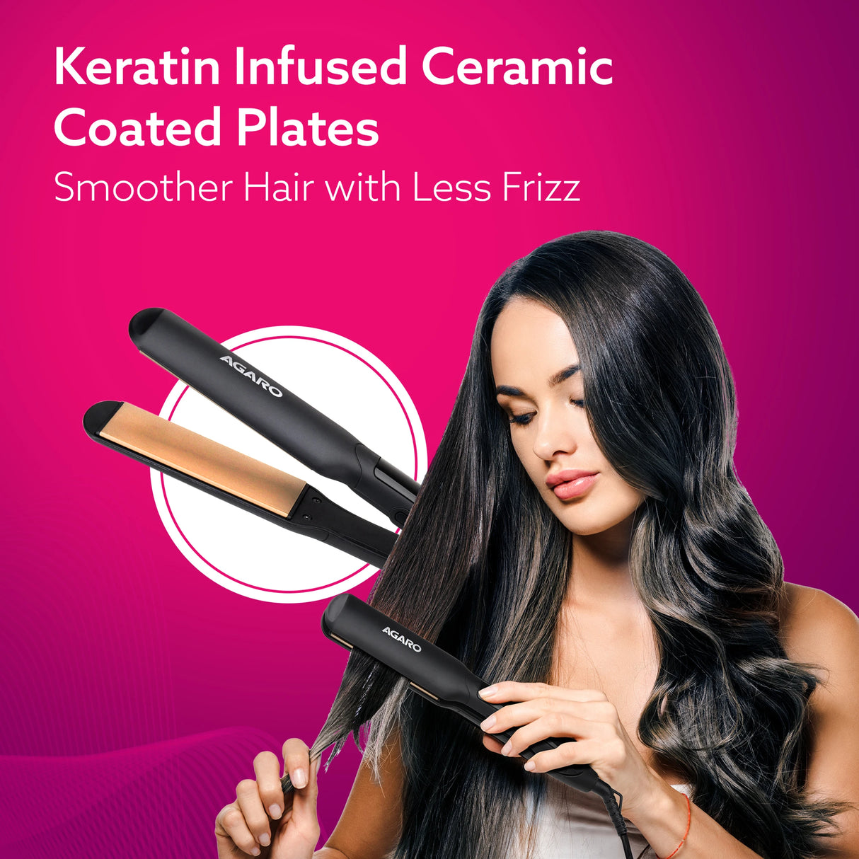 Woman using a hair straightener with text about keratin-infused ceramic plates on a pink background