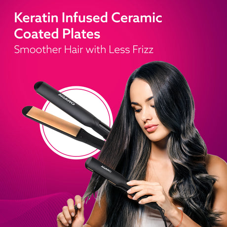 Woman using a hair straightener with text about keratin-infused ceramic plates on a pink background