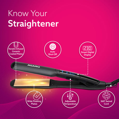 Hair straightener with features on a pink background