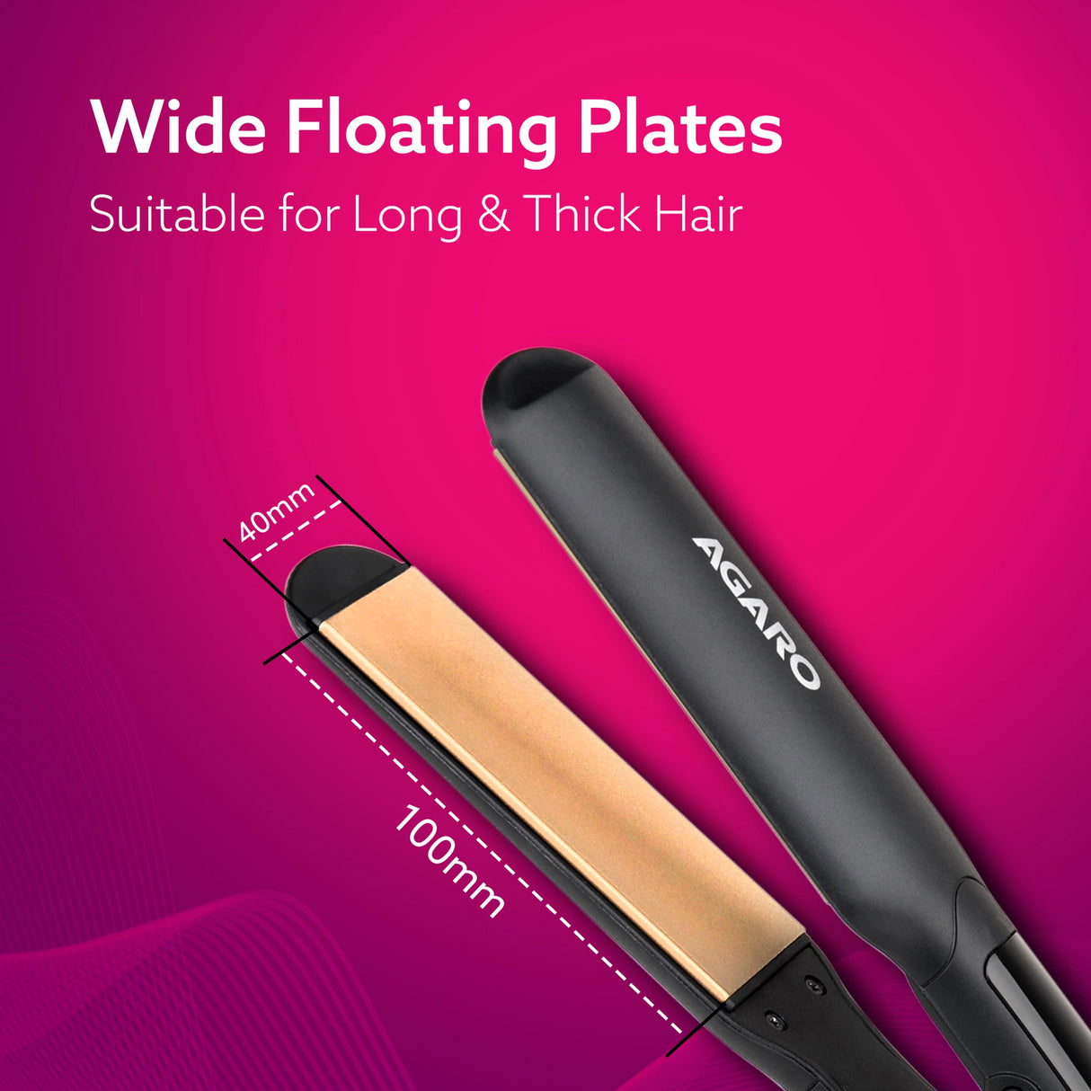 Hair straightener with wide floating plates on a pink background, featuring the brand 'AGARO'.