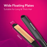 Hair straightener with wide floating plates on a pink background, featuring the brand 'AGARO'.