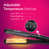 Hair straightener with adjustable temperature settings on a pink background, featuring the brand 'Agaro'.