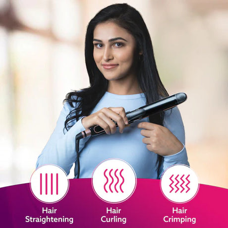 Woman using a hair straightener with icons and text indicating hair straightening, curling, and crimping functions.