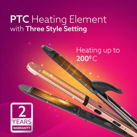 Hair straightener with PTC heating element on a pink background