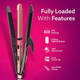 Hair straightener with features listed on a pink background