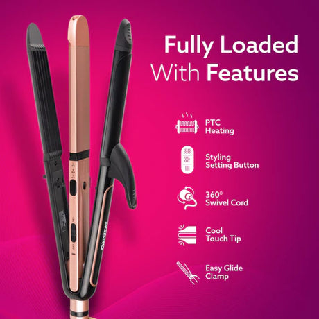 Hair straightener with features listed on a pink background